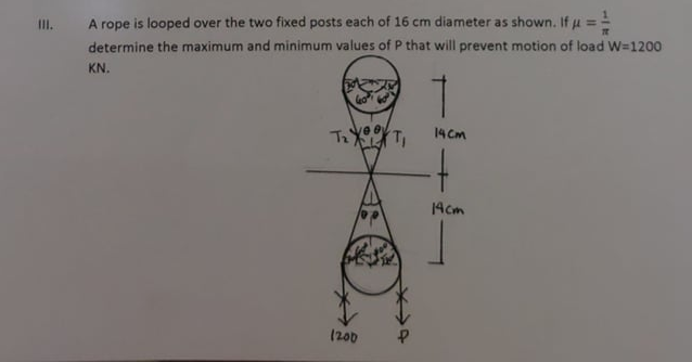 II.
A rope is looped over the two fixed posts each of 16 cm diameter as shown. If u ==
determine the maximum and minimum values of P that will prevent motion of load W=1200
KN.
14 Cm
14cm
(200
