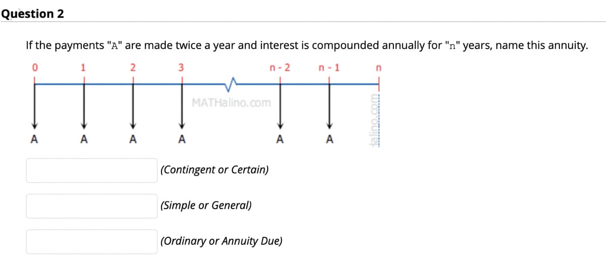 Question 2
If the payments "A" are made twice a year and interest is compounded annually for "n" years, name this annuity.
1
2
n- 2
n - 1
MATHalino.com
A
A
A
A
A
A
|(Contingent or Certain)
(Simple or General)
(Ordinary or Annuity Due)
dalino.com
