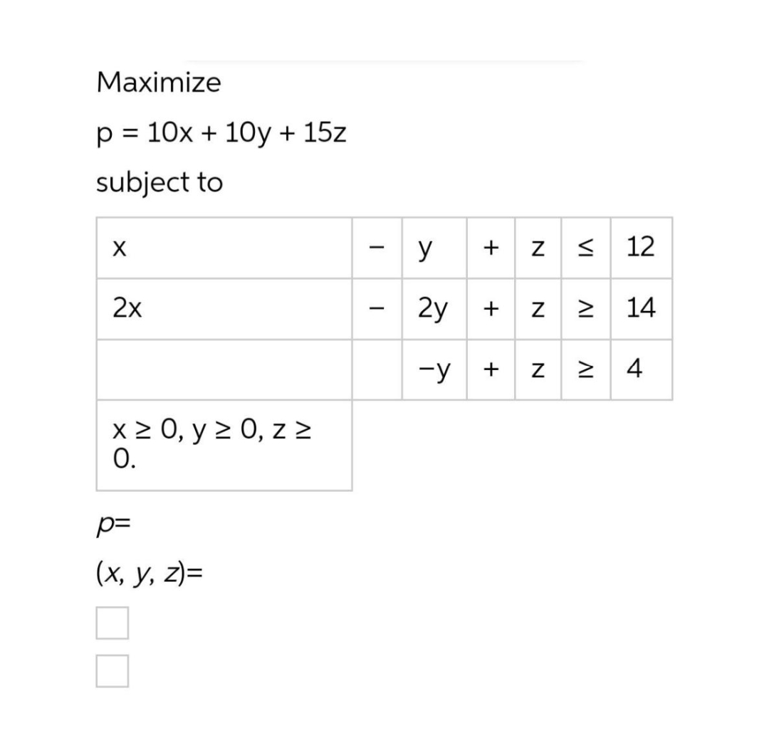 Maximize
p = 10x + 10y + 15z
%3D
subject to
y + z <
12
-
2x
2y + z
14
-y
4
x2 0, y > 0, z >
О.
p=
(х, у, 2)-
+
