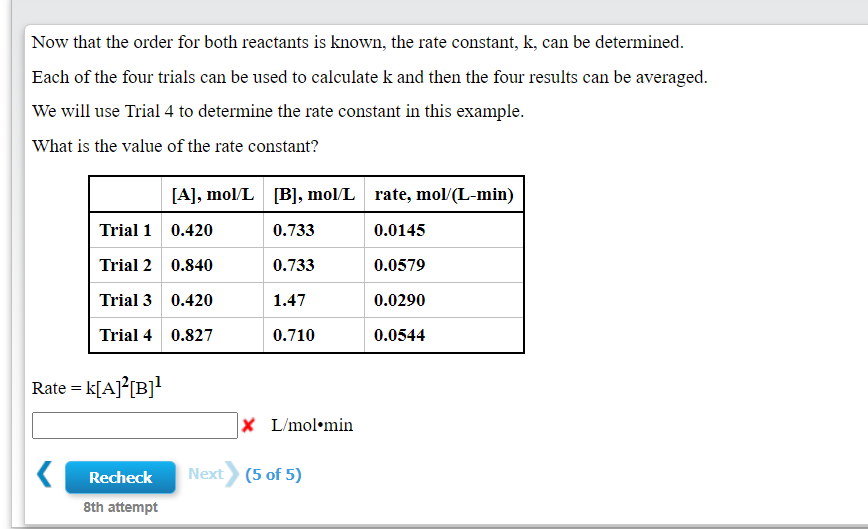 Now that the order for both reactants is known, the rate constant, k, can be determined.
Each of the four trials can be used to calculate k and then the four results can be averaged.
We will use Trial 4 to determine the rate constant in this example.
What is the value of the rate constant?
[A], mol/L [B], mol/L rate, mol/(L-min)
Trial 1 0.420
0.733
0.0145
Trial 2 0.840
0.733
0.0579
Trial 3 0.420
1.47
0.0290
Trial 4 0.827
0.710
0.0544
Rate = k[A]°[B]!
X L'mol•min
Recheck
Next (5 of 5)
8th attempt
