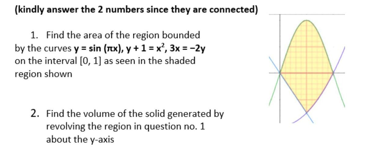 (kindly answer the 2 numbers since they are connected)
1. Find the area of the region bounded
by the curves y = sin (лx), y + 1 = x², 3x = -2y
on the interval [0, 1] as seen in the shaded
region shown
2. Find the volume of the solid generated by
revolving the region in question no. 1
about the y-axis