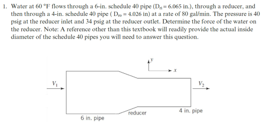 1. Water at 60 °F flows through a 6-in. schedule 40 pipe (Dri= 6.065 in.), through a reducer, and
then through a 4-in. schedule 40 pipe ( Dro = 4.026 in) at a rate of 80 gal/min. The pressure is 40
psig at the reducer inlet and 34 psig at the reducer outlet. Determine the force of the water on
the reducer. Note: A reference other than this textbook will readily provide the actual inside
diameter of the schedule 40 pipes you will need to answer this question.
V2
reducer
4 in. pipe
6 in. pipe
