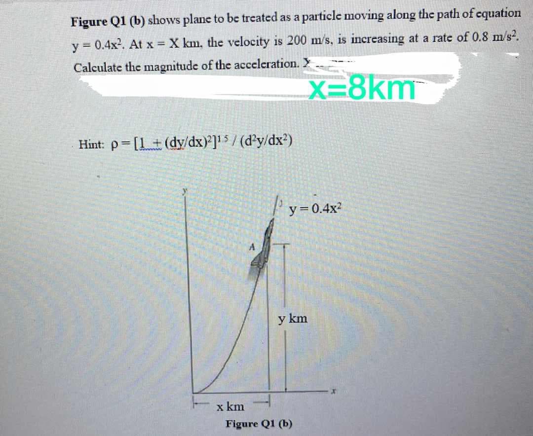 Figure Q1 (b) shows plane to be treated as a particle moving along the path of cquation
y = 0.4x. At x = X km, the velocity is 200 m's, is increasing at a rate of 0.8 m/s?.
Calculate the magnitude of the acceleration. X
X-8km
Hint: p= [1 +(dy/dx) ]5/ (d'y/dx?)
Py30.4x
y km
x km
Figure Q1 (b)
