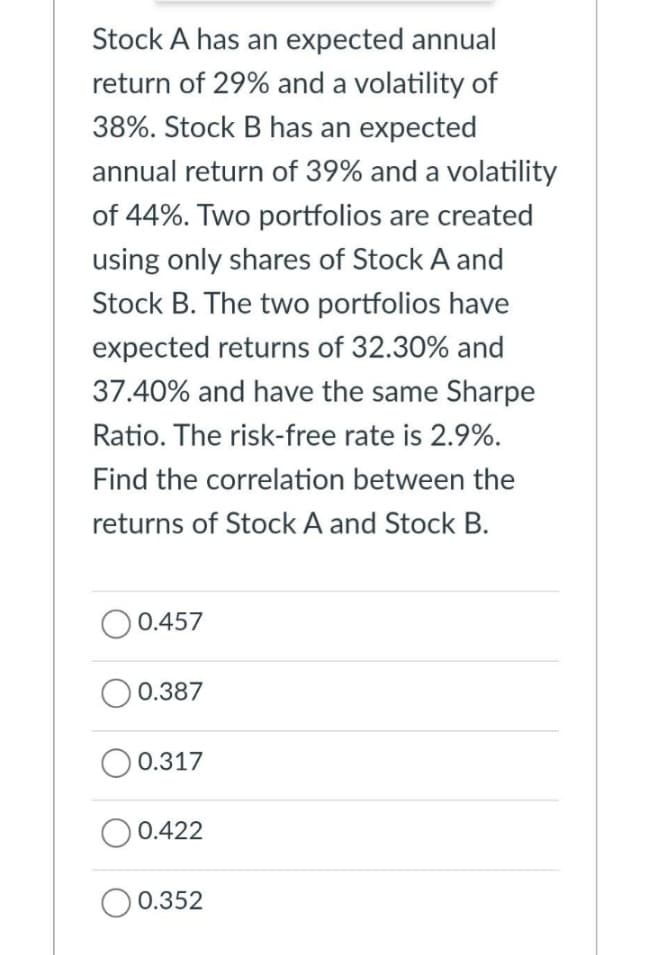 Stock A has an expected annual
return of 29% and a volatility of
38%. Stock B has an expected
annual return of 39% and a volatility
of 44%. Two portfolios are created
using only shares of Stock A and
Stock B. The two portfolios have
expected returns of 32.30% and
37.40% and have the same Sharpe
Ratio. The risk-free rate is 2.9%.
Find the correlation between the
returns of Stock A and Stock B.
0.457
0.387
0.317
0.422
O 0.352

