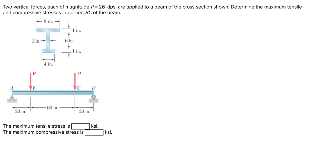 Two vertical forces, each of magnitude P= 26 kips, are applied to a beam of the cross section shown. Determine the maximum tensile
and compressive stresses in portion BC of the beam.
8 in.
1 in.
1
1 in.-
6 in.
1 in.
4 in.
P
P
A
D
60 in.
20 in.
20 in.
The maximum tensile stress is
ksi.
The maximum compressive stress is
ksi.
