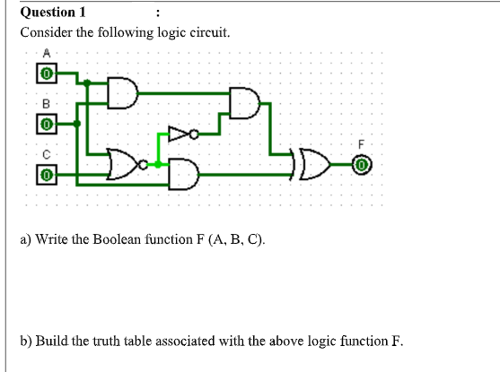 Question 1
Consider the following logic circuit.
B
OD
a) Write the Boolean function F (A, B, C).
b) Build the trutbh table associated with the above logic function F.
