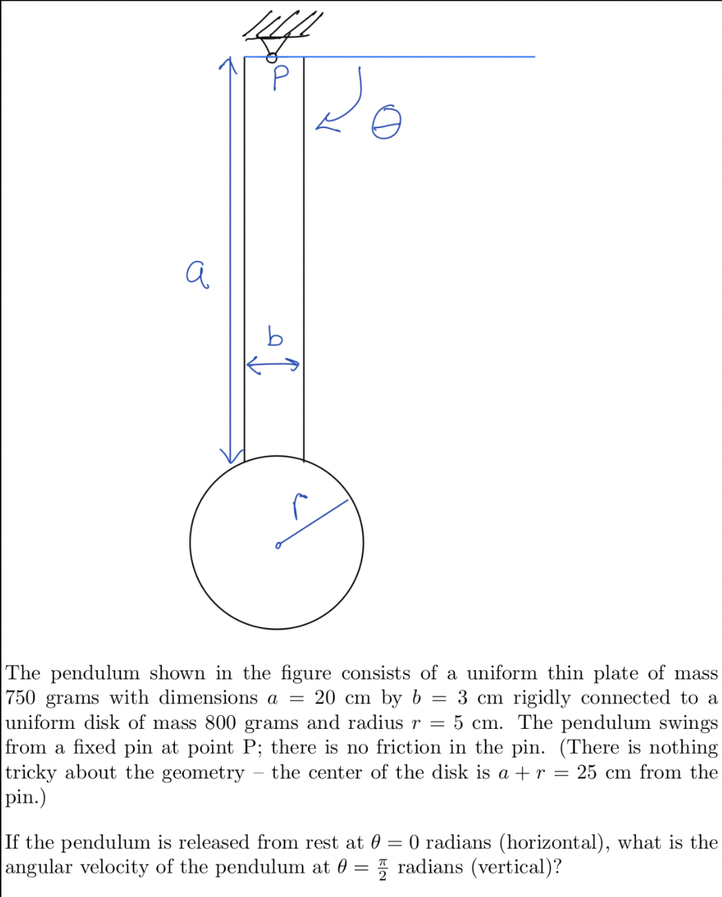 a
The pendulum shown in the figure consists of a uniform thin plate of mass
750 grams with dimensions a = 20 cm by b = 3 cm rigidly connected to a
uniform disk of mass 800 grams and radius r
from a fixed pin at point P; there is no friction in the pin. (There is nothing
tricky about the geometry
pin.)
5 cm. The pendulum swings
the center of the disk is a + r = 25 cm from the
If the pendulum is released from rest at 0
angular velocity of the pendulum at 0
O radians (horizontal), what is the
* radians (vertical)?
