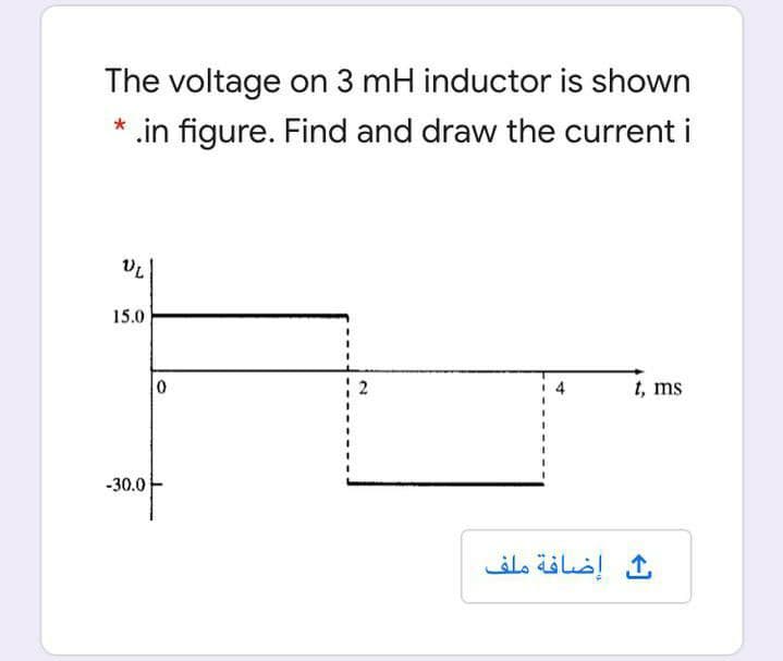 The voltage on 3 mH inductor is shown
* .in figure. Find and draw the current i
VL
15.0
t, ms
-30.0
إضافة ملف
4.
