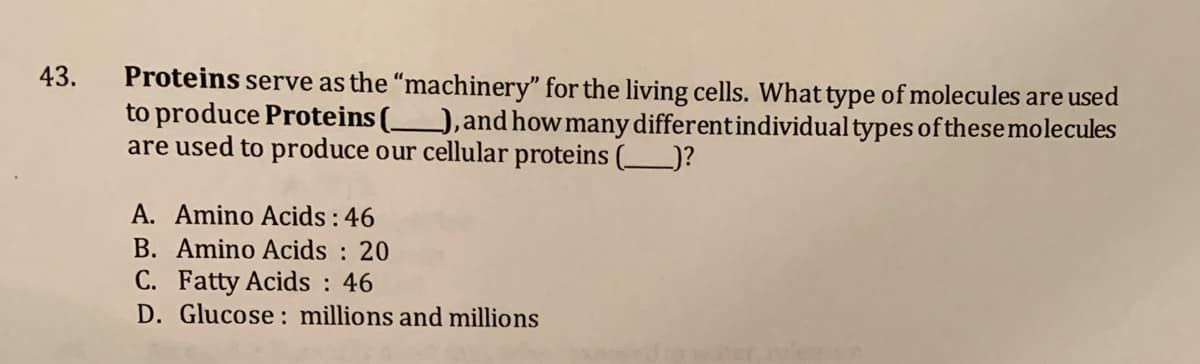 Proteins serve as the "machinery" for the living cells. What type of molecules are used
to produce Proteins (.
are used to produce our cellular proteins (_)?
43.
),and how many differentindividual types of thesemolecules
A. Amino Acids : 46
B. Amino Acids : 20
C. Fatty Acids : 46
D. Glucose : millions and millions
