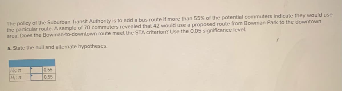 The policy of the Suburban Transit Authority is to add a bus route if more than 55% of the potential commuters indicate they would use
the particular route. A sample of 70 commuters revealed that 42 would use a proposed route from Bowman Park to the downtown
area. Does the Bowman-to-downtown route meet the STA criterion? Use the 0.05 significance level.
a. State the null and alternate hypotheses.
Ho: T
0.55
0.55
