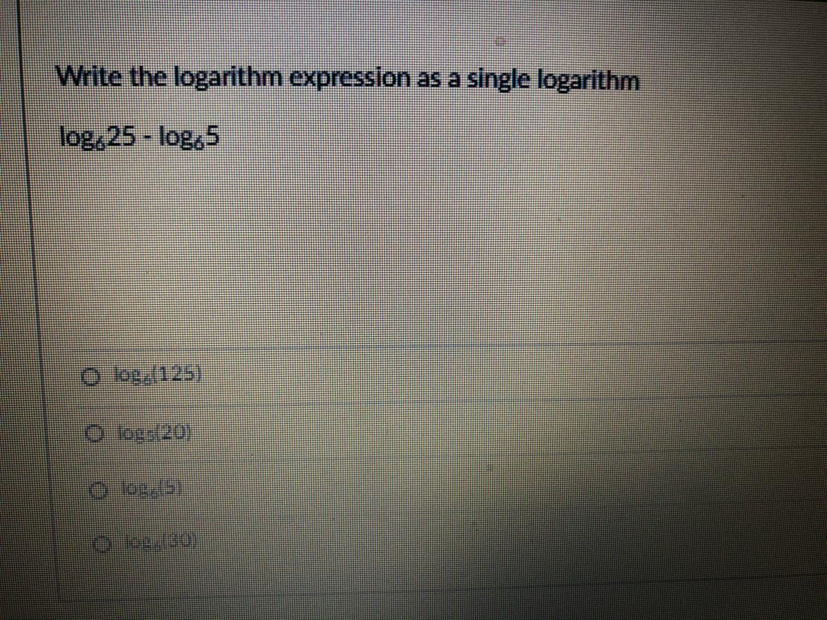 Write the logarithm expression as a single logarithm
log,25-log,5
