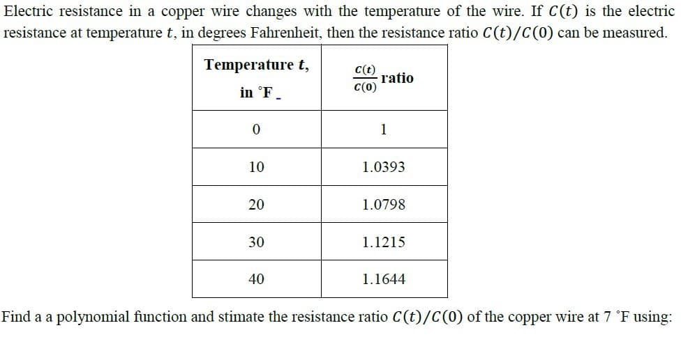 Electric resistance in a copper wire changes with the temperature of the wire. If C(t) is the electric
resistance at temperature t, in degrees Fahrenheit, then the resistance ratio C(t)/C(0) can be measured.
Temperature t,
C(t)
ratio
C(0)
in °F.
1
10
1.0393
20
1.0798
30
1.1215
40
1.1644
Find a a polynomial function and stimate the resistance ratio C(t)/C(0) of the copper wire at 7 °F using:
