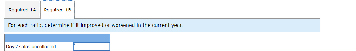 Required 1A
Required 1B
For each ratio, determine if it improved or worsened in the current year.
Days' sales uncollected
