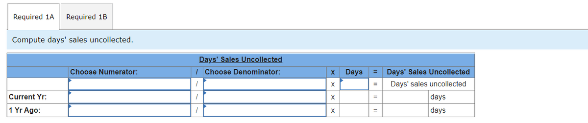 Required 1A
Required 1B
Compute days' sales uncollected.
Days' Sales Uncollected
I Choose Denominator:
Choose Numerator:
X
Days
Days' Sales Uncollected
Days' sales uncollected
Current Yr:
X
days
1 Yr Ago:
days
