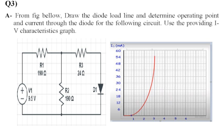 A- From fig bellow, Draw the diode load line and determine operating poir
and current through the diode for the following circuit. Use the providing
V characteristics graph.
Io (mA)
60
54
48
R1
190 0
R3
42
240
36
зо
D1
R2
1900
24
18
9.5 V
12
6.
