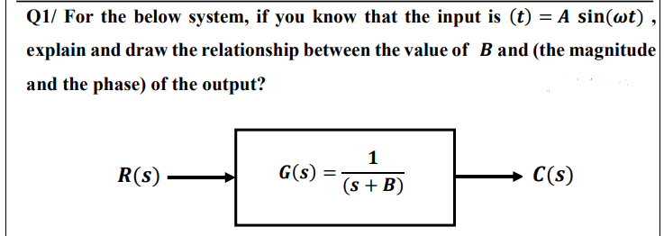 Q1/ For the below system, if you know that the input is (t) = A sin(wt) ,
explain and draw the relationship between the value of B and (the magnitude
and the phase) of the output?
R(s)
1
G(s) =
C(s)
(s +B)
