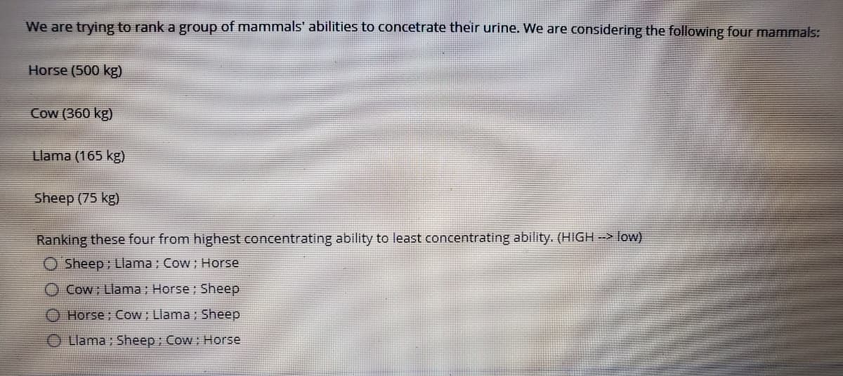 We are trying to rank a group of mammnals' abilities to concetrate their urine. We are considering the following four mammals:
Horse (500 kg)
Cow (360 kg)
Llama (165 kg)
Sheep (75 kg)
Ranking these four from highest concentrating ability to least concentrating ability. (HIGH -> low)
O Sheep; Llama; Cow; Horse
O Cow; Llama ; Horse; Sheep
O Horse; Cow; Llama; Sheep
O lama; Sheep; Cow; Horse
