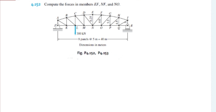 4-152 Compute the forces in members EF, NF, and NO.
L M
300 KN
P
-8 pancls e 5m- 40 m
Dimensions in meters
Fig. P4.152, P4.153
