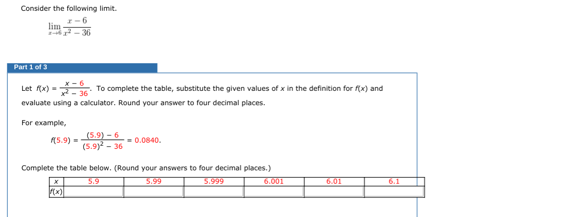 Consider the following limit.
x – 6
lim
146 r2 – 36
