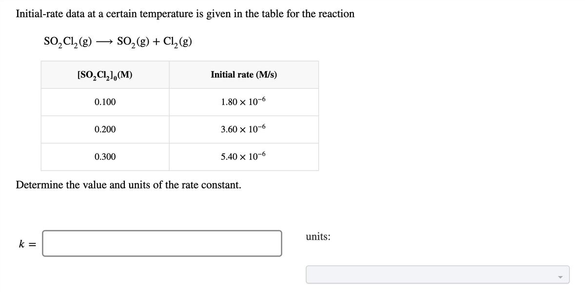 Initial-rate data at a certain temperature is given in the table for the reaction
SO,Cl, (g)
SO,(g) + Cl, (g)
[S0,Cl,],(M)
Initial rate (M/s)
0.100
1.80 x 10-6
0.200
3.60 x 10-6
0.300
5.40 x 10-6
Determine the value and units of the rate constant.
units:
k =
