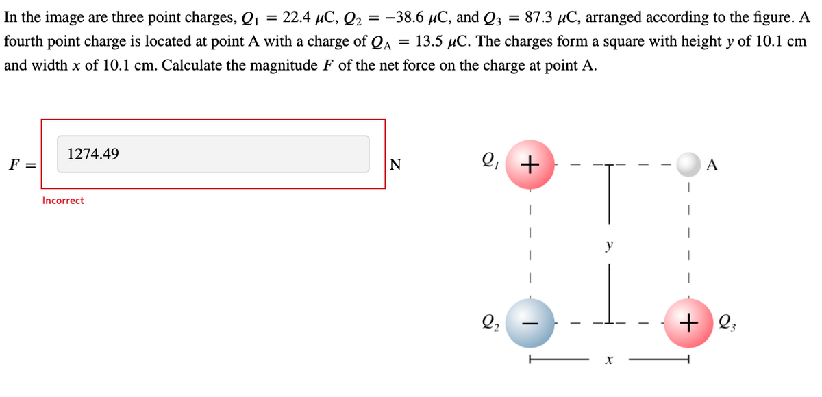 In the image are three point charges, Q1 = 22.4 µC, Q2 = -38.6 µC, and Q3
= 87.3 µC, arranged according to the figure. A
fourth point charge is located at point A with a charge of QA = 13.5 µC. The charges form a square with height y of 10.1 cm
and width x of 10.1 cm. Calculate the magnitude F of the net force on the charge at point A.
1274.49
2, +
F =
N
A
Incorrect
y
+ 2;
