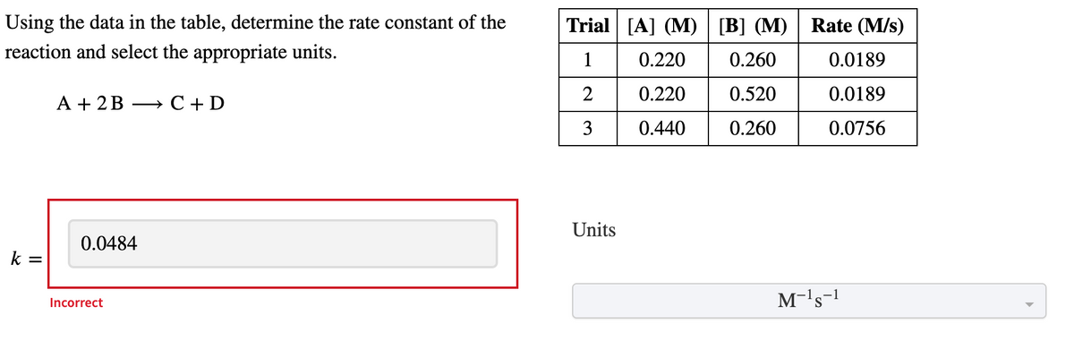 Using the data in the table, determine the rate constant of the
Trial [A] (M) | [B] (M)
Rate (M/s)
reaction and select the appropriate units.
1
0.220
0.260
0.0189
2
0.220
0.520
0.0189
А + 2B
→ C+ D
3
0.440
0.260
0.0756
Units
0.0484
k
M-'s-1
Incorrect

