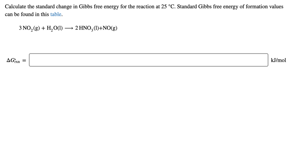 Calculate the standard change in Gibbs free energy for the reaction at 25 °C. Standard Gibbs free energy of formation values
can be found in this table.
3 NO, (g) + H,O(1) –→ 2 HNO, (1)+NO(g)
kJ/mol
