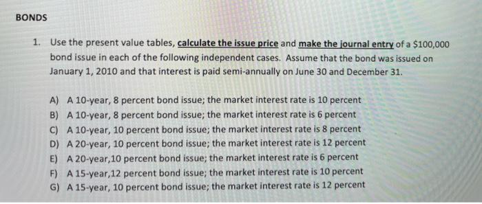 BONDS
1. Use the present value tables, calculate the issue price and make the journal entry of a $100,000
bond issue in each of the following independent cases. Assume that the bond was issued on
January 1, 2010 and that interest is paid semi-annually on June 30 and December 31.
A) A 10-year, 8 percent bond issue; the market interest rate is 10 percent
B) A 10-year, 8 percent bond issue; the market interest rate is 6 percent
C) A 10-year, 10 percent bond issue; the market interest rate is 8 percent
D) A 20-year, 10 percent bond issue; the market interest rate is 12 percent
E) A 20-year,10 percent bond issue; the market interest rate is 6 percent
F) A 15-year, 12 percent bond issue; the market interest rate is 10 percent
G) A 15-year, 10 percent bond issue; the market interest rate is 12 percent
