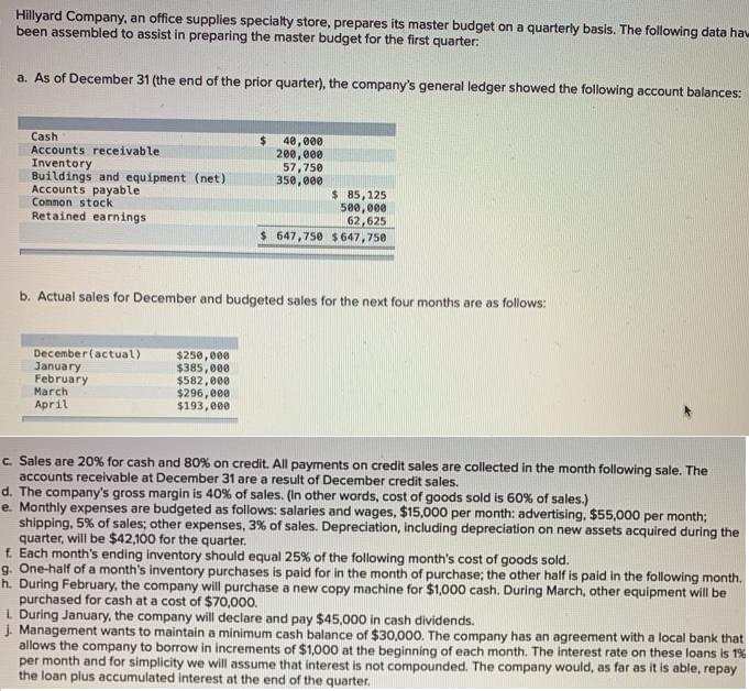 Hillyard Company, an office supplies specialty store, prepares its master budget on a quarterly basis. The following data hav
been assembled to assist in preparing the master budget for the first quarter:
a. As of December 31 (the end of the prior quarter), the company's general ledger showed the following account balances:
Cash
Accounts receivable
Inventory
Buildings and equipment (net)
Accounts payable
Common stock
Retained earnings
%24
40,000
200,000
57,750
350,000
$ 85,125
580,000
62,625
$ 647,750 $ 647,750
b. Actual sales for December and budgeted sales for the next four months are as follows:
December(actual)
January
February
March
April
$250,000
$385,000
$582,000
$296,000
$193,e00
c. Sales are 20% for cash and 80% on credit. All payments on credit sales are collected in the month following sale. The
accounts receivable at December 31 are a result of December credit sales.
d. The company's gross margin is 40% of sales. (In other words, cost of goods sold is 60% of sales.)
e. Monthly expenses are budgeted as follows: salaries and wages, $15,000 per month: advertising, $55,000 per month;
shipping, 5% of sales; other expenses, 3% of sales. Depreciation, including depreciation on new assets acquired during the
quarter, will be $42,100 for the quarter.
f. Each month's ending inventory should equal 25% of the following month's cost of goods sold.
g. One-half of a month's inventory purchases is paid for in the month of purchase; the other half is paid in the following month.
h. During February, the company will purchase a new copy machine for $1,000 cash. During March, other equipment will be
purchased for cash at a cost of $70,000.
I. During January, the company will declare and pay $45,000 in cash dividends.
j. Management wants to maintain a minimum cash balance of $30,000. The company has an agreement with a local bank that
allows the company to borrow in increments of $1,000 at the beginning of each month. The interest rate on these loans is 1%
per month and for simplicity we will assume that interest is not compounded. The company would, as far as it is able, repay
the loan plus accumulated interest at the end of the quarter.
