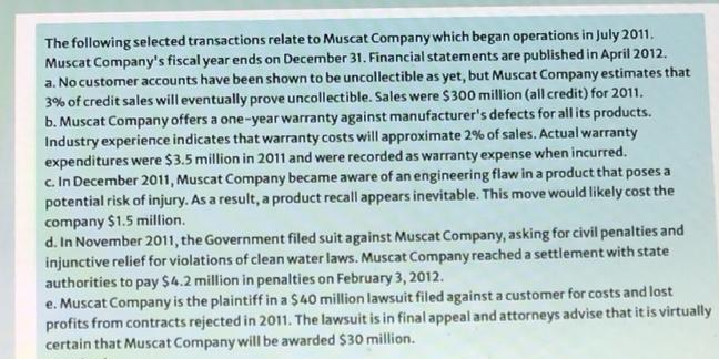 The following selected transactions relate to Muscat Company which began operations in July 2011.
Muscat Company's fiscal year ends on December 31. Financial statements are published in April 2012.
a. No customer accounts have been shown to be uncollectible as yet, but Muscat Company estimates that
3% of credit sales will eventually prove uncollectible. Sales were $300 million (all credit) for 2011.
b. Muscat Company offers a one-year warranty against manufacturer's defects for all its products.
Industry experience indicates that warranty costs will approximate 2% of sales. Actual warranty
expenditures were $3.5 million in 2011 and were recorded as warranty expense when incurred.
c. In December 2011, Muscat Company became aware of an engineering flaw in a product that poses a
potential risk of injury. As a result, a product recall appears inevitable. This move would likely cost the
company $1.5 million.
d. In November 2011, the Government filed suit against Muscat Company, asking for civil penalties and
injunctive relief for violations of clean water laws. Muscat Company reached a settlement with state
authorities to pay $4.2 million in penalties on February 3, 2012.
e. Muscat Company is the plaintiff in a $40 million lawsuit filed against a customer for costs and lost
profits from contracts rejected in 2011. The lawsuit is in final appeal and attorneys advise that it is virtually
certain that Muscat Company will be awarded $30 million.
