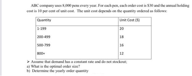 ABC company uses 8,000 pens every year. For each pen, cach order cost is $30 and the annual holding
cost is 10 per cent of unit cost. The unit cost depends on the quantity ordered as follows:
Quantity
1-199
Unit Cost (S)
20
200-499
18
500-799
16
800+
12
> Assume that demand has a constant rate and do not stockout;
a) What is the optimal order size?
b) Determine the yearly order quantity
