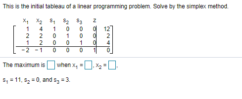 This is the initial tableau of a linear programming problem. Solve by the simplex method.
X1 X2 S1
S2
S3
1
4
12
2
2
1
1
-2 -1
1
The maximum is when x,
D. x2 =
s, = 11, s2 = 0, and s3 = 3.
O10O
