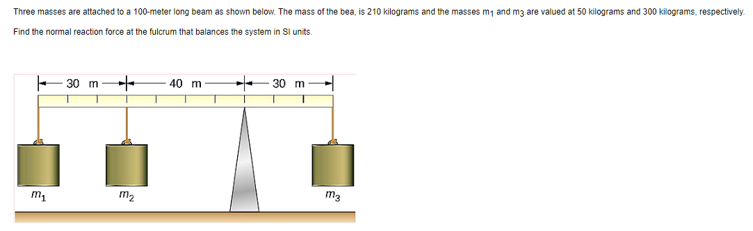 Three masses are attached to a 100-meter long beam as shown below. The mass of the bea, is 210 kilograms and the masses m, and m3 are valued at 50 kilograms and 300 kilograms, respectively.
Find the normal reaction force at the fulcrum that balances the system in SI units.
30 m
40 m
30 m
T
T
m1
m2
m3
