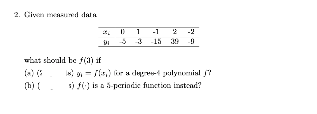 2. Given measured data
1
-1
2
-2
Yi
-5
-3
-15
39
-9
what should be f(3) if
(a) (?
ts) Y; = f(x;) for a degree-4 polynomial f?
(b) (
3) f(-) is a 5-periodic function instead?
