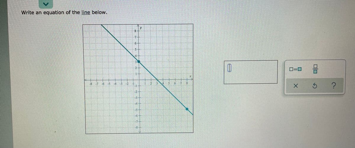 Write an equation of the line below.
海 其 !
7.
批文カ 地其
RIN NA
年 物
制 強 p
道
お.
ローロ
-8 -7 6 -5 43-2 1
2 34 5678
-2
主
-7-
