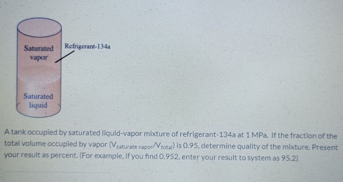 Saturated
Refrigerant-134a
vapor
Saturated
liquid
A tank occupied by saturated liquid-vapor mixture of refrigerant-134a at 1 MPa. If the fraction of the
total volume occupied by vapor (V,aturate vapor/Vtotal) is 0.95, determine quality of the mixture. Present
your result as percent. (For example, if you find 0.952, enter your result to system as 95.2)
