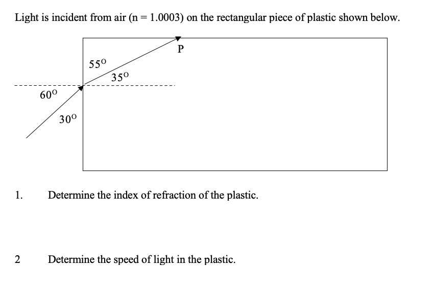 Light is incident from air (n = 1.0003) on the rectangular piece of plastic shown below.
P
550
35°
60°
30°
1.
Determine the index of refraction of the plastic.
2
Determine the speed of light in the plastic.
