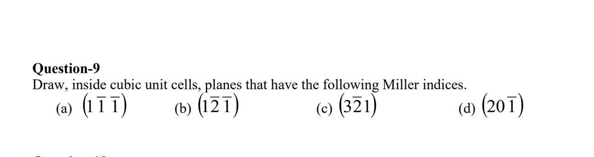 Question-9
Draw, inside cubic unit cells, planes that have the following Miller indices.
(2) (1īT)
(ь) (121)
(e) (321)
(d) (20 ī)

