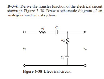 shown in Figure 3–38. Draw a schematic diagram of an
analogous mechanical system.
B-3–9. Derive the transfer function of the electrical circuit
RỊ
ww
R2
eo
ei
Figure 3–38 Electrical circuit.
ww

