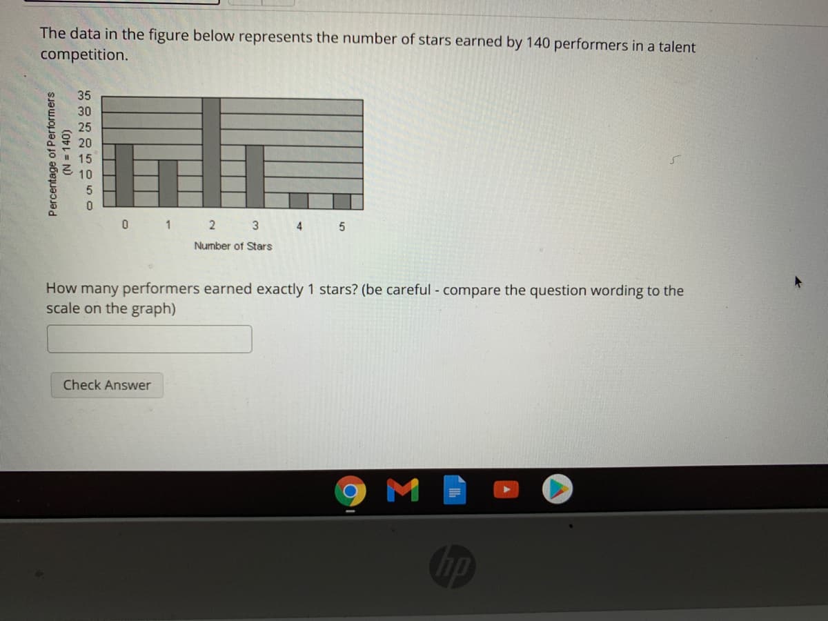 The data in the figure below represents the number of stars earned by 140 performers in a talent
competition.
35
30
25
20
0 1 2 3 4
Number of Stars
How many performers earned exactly 1 stars? (be careful - compare the question wording to the
scale on the graph)
Check Answer
hp
Percentage of Performers
(N = 140)
