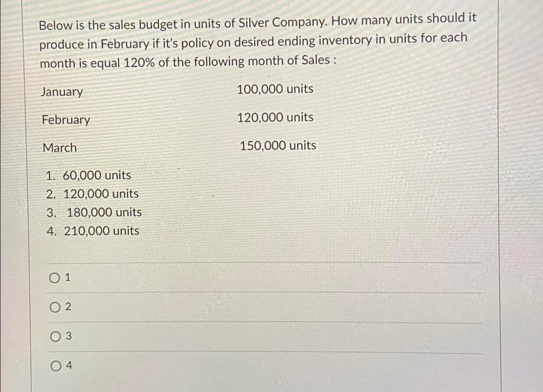 Below is the sales budget in units of Silver Company. How many units should it
produce in February if it's policy on desired ending inventory in units for each
month is equal 120% of the following month of Sales :
January
100,000 units
February
120,000 units
March
150,000 units
1. 60,000 units
2. 120,000 units
3. 180,000 units
4. 210,000 units
O 1
O 2
O 4
