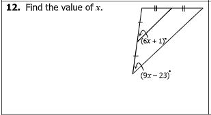 12. Find the value of x.
%23
(6x + 1)
(9x- 23)
