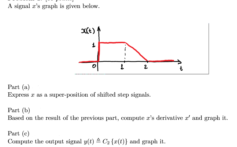 A signal r's graph is given below.
2
Part (a)
Express x as a super-position of shifted step signals.
Part (b)
Based on the result of the previous part, compute r's derivative x' and graph it
Part (c)
Compute the output signal y(t) 4 C2 {x(t)} and graph it.
