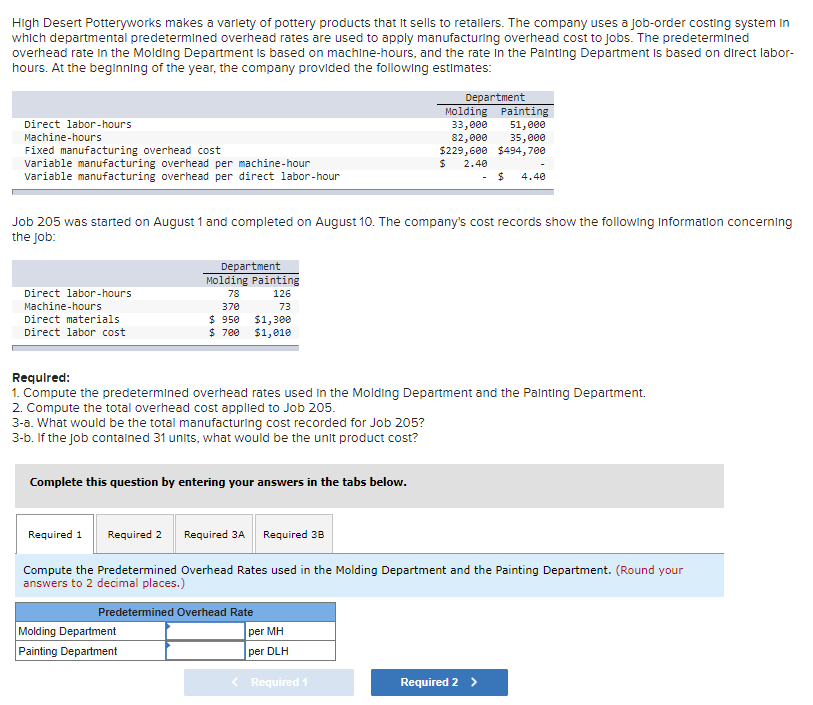 High Desert Potteryworks makes a varlety of pottery products that It sells to retallers. The company uses a Job-order costing system In
which departmental predetermined overhead rates are used to apply manufacturing overhead cost to jobs. The predetermined
overhead rate In the Molding Department Is based on machine-hours, and the rate In the Palnting Department Is based on direct labor-
hours. At the beglnning of the year, the company provided the following estimates:
Department
Molding Painting
Direct labor-hours
33,000
82,000
$229,600 $494,700
51,000
35,000
Machine-hours
Fixed manufacturing overhead cost
variable manufacturing overhead per machine-hour
Variable manufacturing overhead per direct labor-hour
2.40
24
4.40
Job 205 was started on August 1 and completed on August 10. The company's cost records show the following Information concerning
the Job:
Department
Molding Painting
Direct labor-hours
78
126
Machine-hours
370
73
Direct materials
$ 950
$ 700
$1,300
$1,010
Direct labor cost
Required:
1. Compute the predetermined overhead rates used in the Molding Department and the Palnting Department.
2. Compute the total overhead cost applled to Job 205.
3-a. What would be the total manufacturing cost recorded for Job 205?
3-b. If the job contalned 31 units, what would be the unit product cost?
Complete this question by entering your answers in the tabs below.
Required 1 Required 2
Required 3A
Required 38
Compute the Predetermined Overhead Rates used in the Molding Department and the Painting Department. (Round your
answers to 2 decimal places.)
Predetermined Overhead Rate
Molding Department
Painting Department
per MH
per DLH
Required 1
Required 2 >
