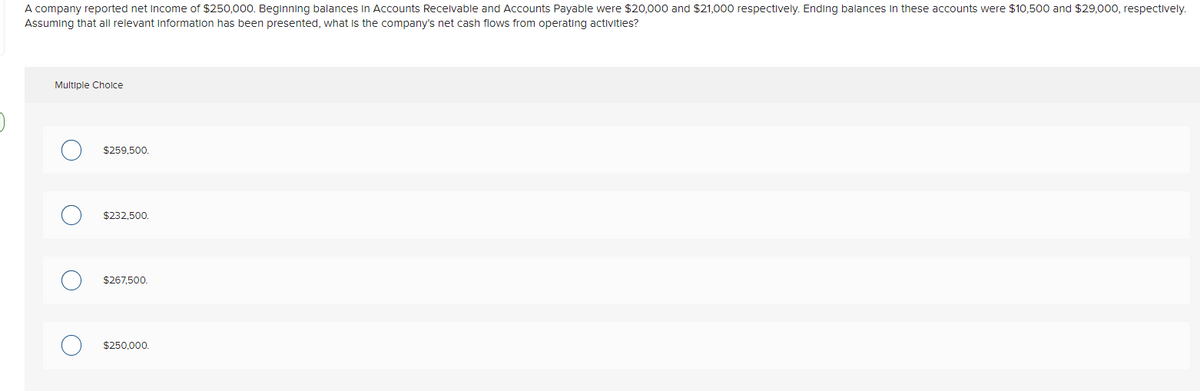 A company reported net income of $250,000. Beginning balances in Accounts Recelvable and Accounts Payable were $20,000 and $21,000 respectively. Ending balances in these accounts were $10,500 and $29,000, respectively.
Assuming that all relevant information has been presented, what is the company's net cash flows from operating activities?
Multiple Cholce
$259,500.
$232,500.
$267,500.
$250,000.
