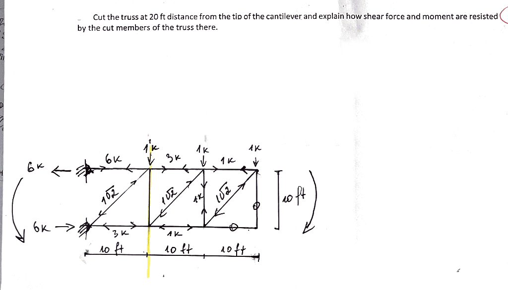 Cut the truss at 20 ft distance from the tip of the cantilever and explain how shear force and moment are resisted
by the cut members of the truss there.
AK
6K
6K
1反
o ft
6K ->
1o ft
1o t
