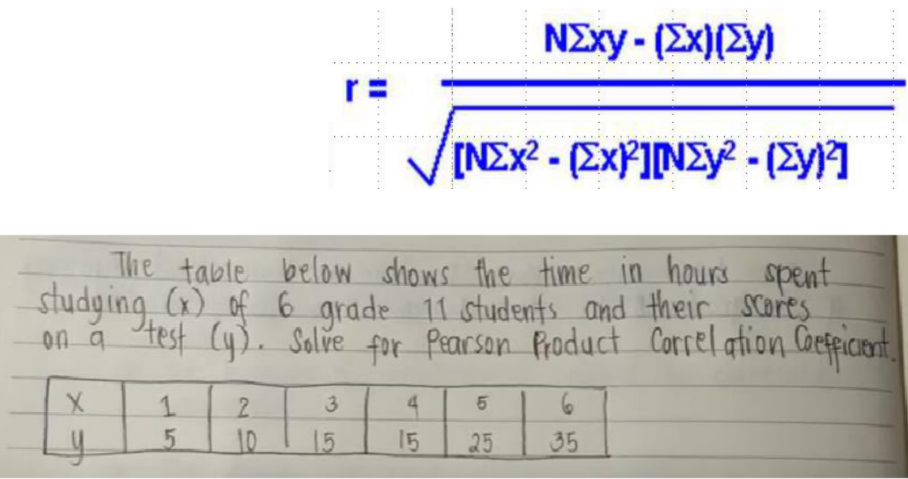 NExy - (Ex)(2y)
r =
[NEx? - (ExP]INEY? - (Zy]
The table below shows fhe time in hours
spent
studging () of 6 grade 11 students and their Scores
on a test (y). Salve for Piarson Product Correl ation Caefficiont
2.
3.
4.
10
15
15
25
35
