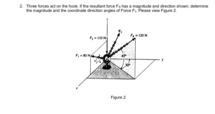 2. Three forces act on the hook. If the resultant force FR has a magnitude and direction shown, determine
the magnitude and the coordinate direction angles of Force F3. Please view Figure 2.
F = 110N
F- 120 N
F, = 80 N
30
Figure 2
