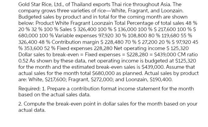Gold Star Rice, Ltd., of Thailand exports Thai rice throughout Asia. The
company grows three varieties of rice-White, Fragrant, and Loonzain.
Budgeted sales by product and in total for the coming month are shown
below: Product White Fragrant Loonzain Total Percentage of total sales 48 %
20 % 32 % 100 % Sales $ 326,400 100 % $ 136,000 100 % $ 217,600 100 % $
680,000 100 % Variable expenses 97,920 30 % 108,800 80 % 119,680 55 %
326,400 48% Contribution margin $ 228,480 70 % $ 27,200 20 % $ 97,920 45
% 353,600 52 % Fixed expenses 228,280 Net operating income $ 125,320
Dollar sales to break-even = Fixed expenses = $228,280 = $439,000 CM ratio
0.52 As shown by these data, net operating income is budgeted at $125,320
for the month and the estimated break-even sales is $439,000. Assume that
actual sales for the month total $680,000 as planned. Actual sales by product
are: White, $217,600; Fragrant, $272,000; and Loonzain, $190,400.
Required: 1. Prepare a contribution format income statement for the month
based on the actual sales data.
2. Compute the break-even point in dollar sales for the month based on your
actual data.