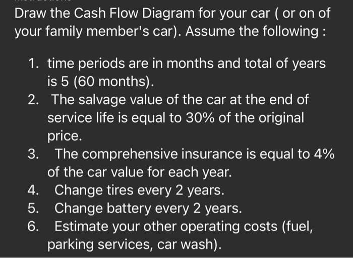 Draw the Cash Flow Diagram for your car (or on of
your family member's car). Assume the following:
1. time periods are in months and total of years
is 5 (60 months).
2. The salvage value of the car at the end of
service life is equal to 30% of the original
price.
3. The comprehensive insurance is equal to 4%
of the car value for each year.
Change tires every 2 years.
Change battery every 2 years.
Estimate your other operating costs (fuel,
parking services, car wash).
4.
5.
6.